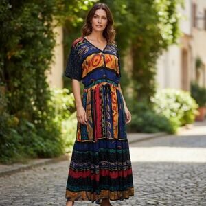 Carole Little Vintage Maxi Dress 4 Multi Abstract Patchwork Ethnic Boho Chic